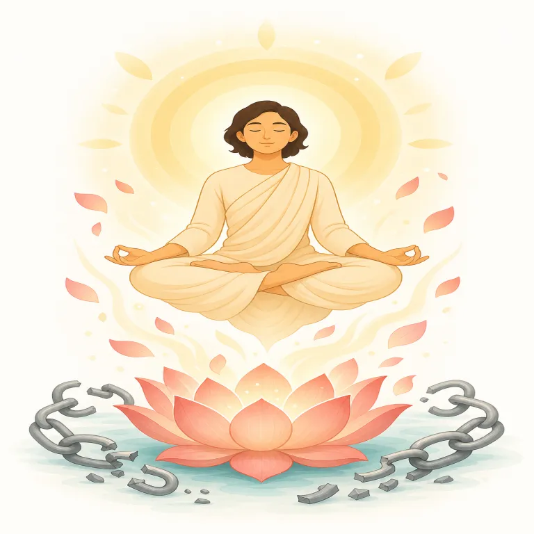 moksha（解脱、精神的解放・名詞）の覚え方イラスト — moksha は freedom や release に近い語感で捉えると覚えやすいですが、日常の「気が楽になる」程度ではなく、輪廻や執着という束縛そのものから抜ける最終的な …
