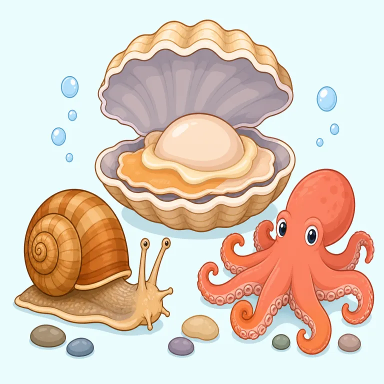 mollusk（軟体動物・名詞）の覚え方イラスト — この意味の mollusk は、貝類だけでなくタコ、イカ、ナメクジ、カタツムリまで含む生物分類名「軟体動物」として覚える