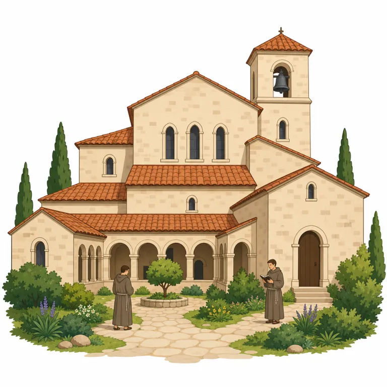monastery（修道院・名詞）の覚え方イラスト — monastery は monk や monastic と同じ仲間として覚えると残りやすい語です