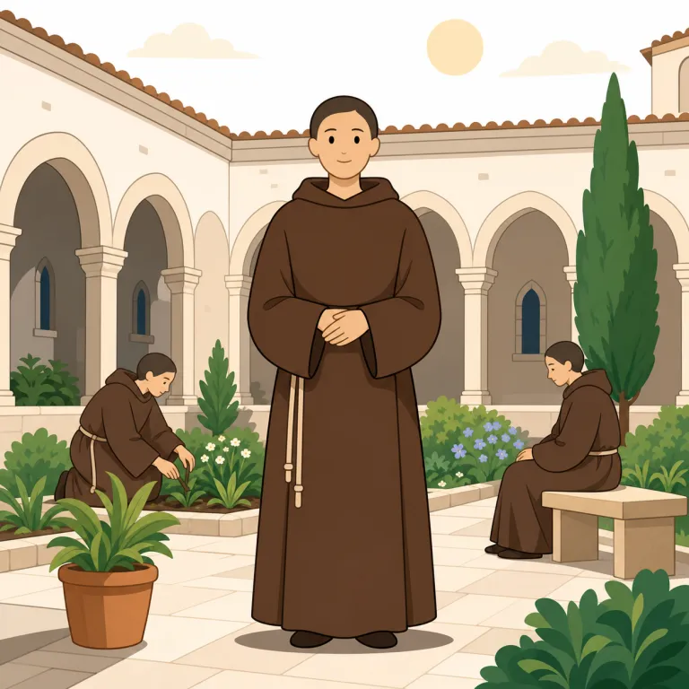 monasticism（修道院生活・名詞）の覚え方イラスト — monasticism は monk「修道士」、monastic「修道院の」、monastery「修道院」と同じ語族で覚えます