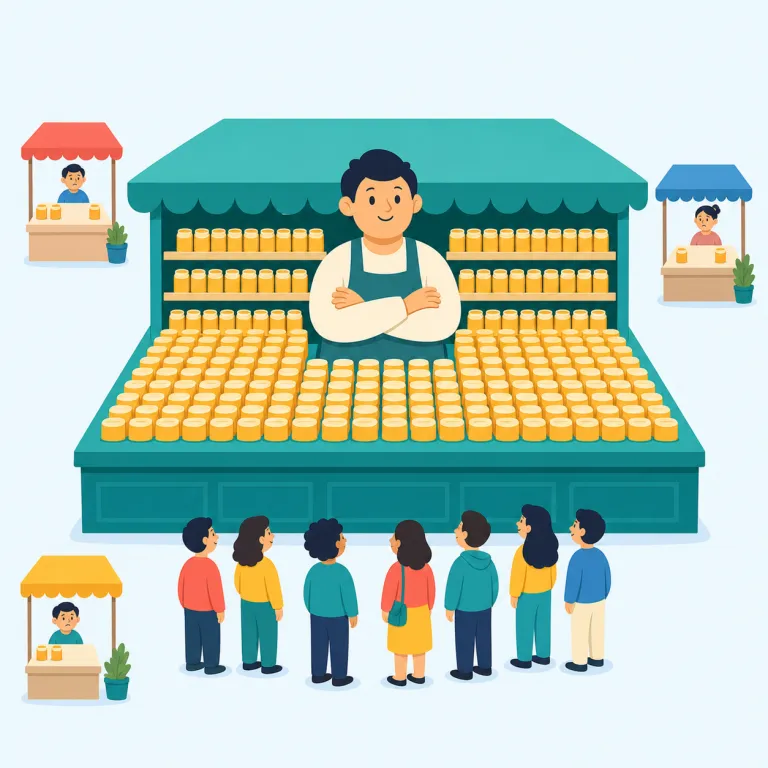 monopolistic（独占的な・形容詞）の覚え方イラスト — monopoly（独占）を知っていれば、monopolistic は「独占っぽい・独占的な」と広げて覚えやすい