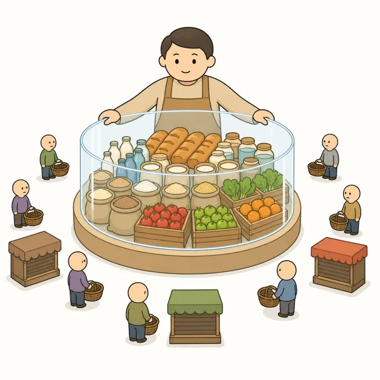 monopoly（独占・名詞）の覚え方イラスト — この意味の monopoly は、ある市場で競争相手がほとんどおらず、一社や一集団が価格・供給・選択肢を強く左右できる状態を指します