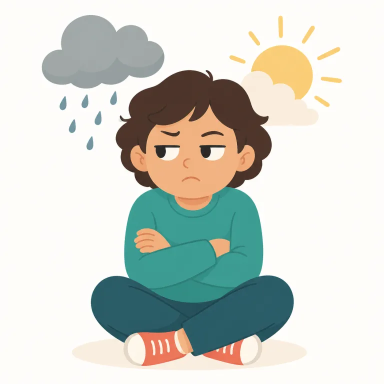moody（気分屋の・形容詞）の覚え方イラスト — まず mood「気分」が見えれば覚えやすい