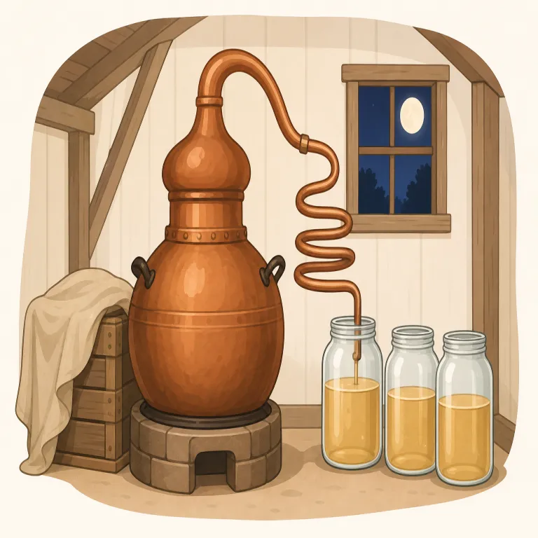 moonshine（密造酒・名詞）の覚え方イラスト — moonshine は moon と shine を見て、「月明かりの下でこっそり作る酒」の場面を固定すると覚えやすいです
