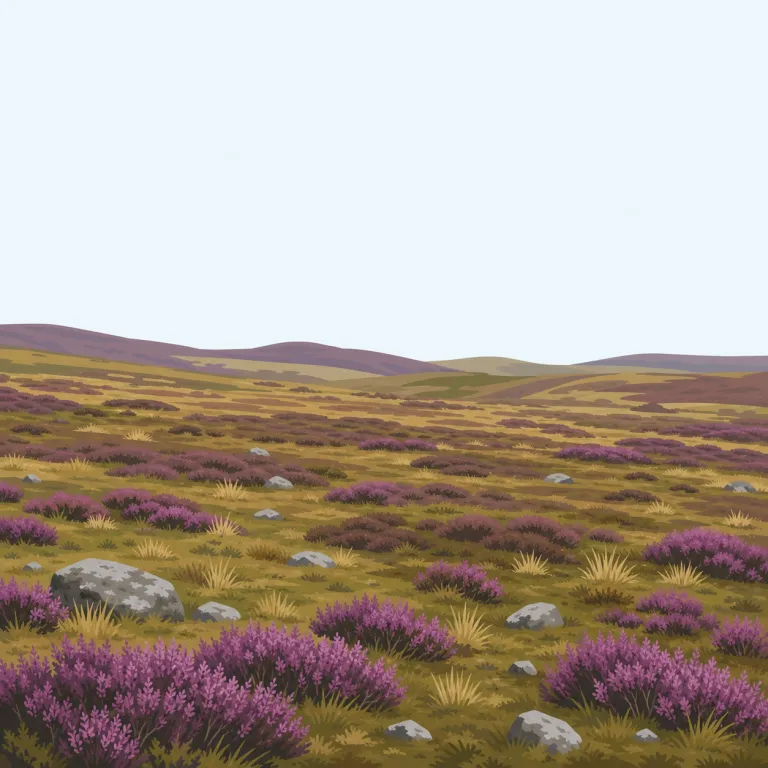 moor（荒野・名詞）の覚え方イラスト — moorは「人里から離れた、低い草木だけの湿った荒野」を一枚の風景として覚えると定着します