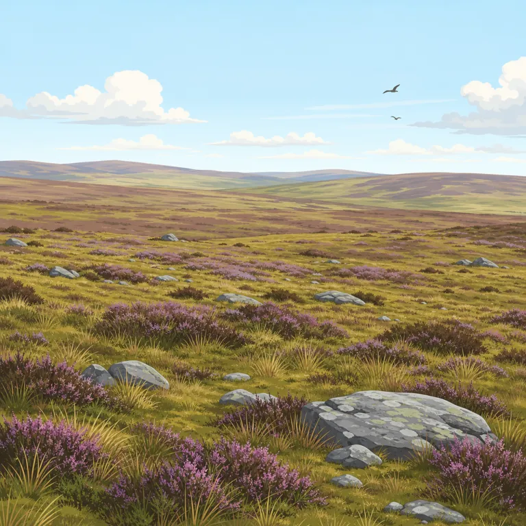 moorland（荒野・名詞）の覚え方イラスト — land が「土地」だと分かれば、moorland はまず「moor の広がる土地」というまとまりで覚える
