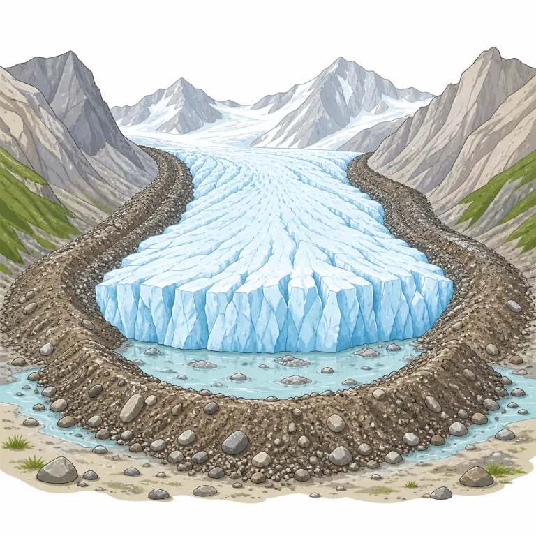 moraine（堆石・名詞）の覚え方イラスト — glacier（氷河）と一緒に覚えるのが近道です