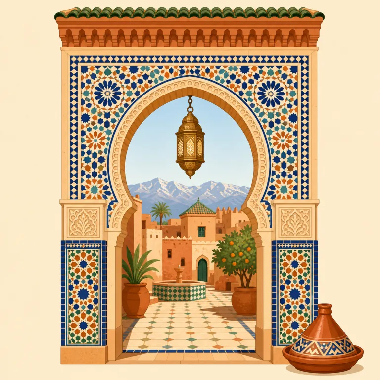 moroccan（モロッコの・形容詞）の覚え方イラスト — Moroccan は国名 Morocco からできた形容詞で、American, African と同じく「国・地域名 + -an」で『〜の』を作る型として覚える