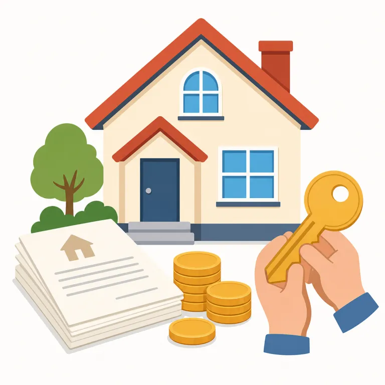 mortgage（住宅ローン・名詞）の覚え方イラスト — この意味の mortgage は、家を買うための普通の loan ではなく「不動産購入のために長期で借りるお金」として覚える