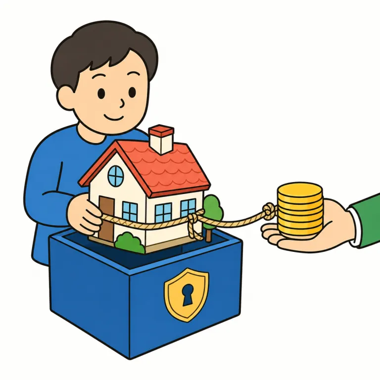 mortgage（抵当に入れる・verb）の覚え方イラスト