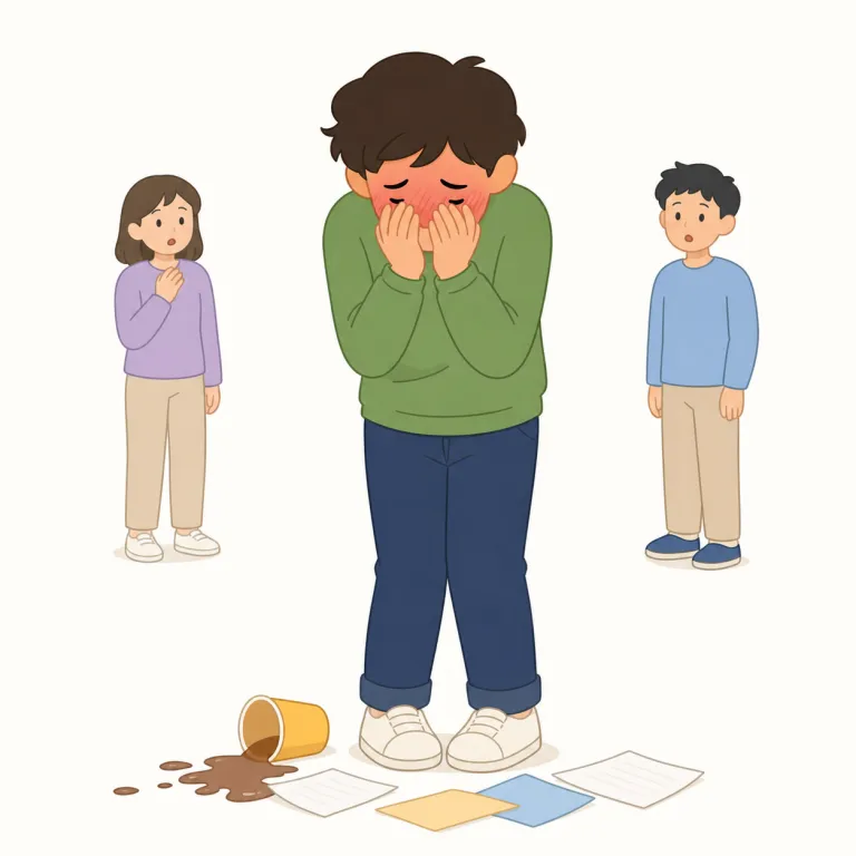 mortified（恥ずかしくてたまらない・形容詞）の覚え方イラスト — まず embarrassed（気まずい・恥ずかしい）を基準にすると覚えやすいです