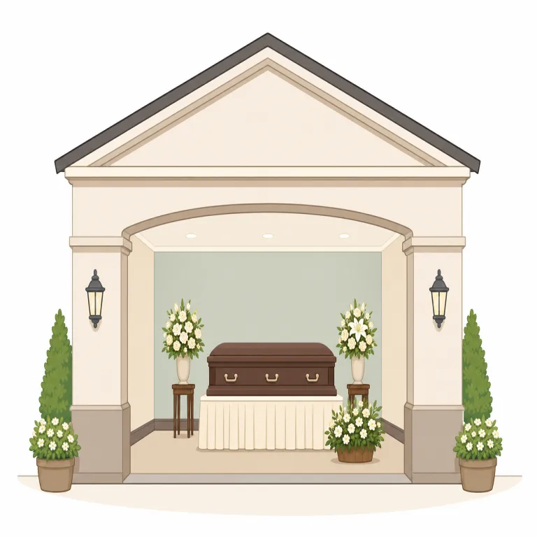 mortuary（葬祭場・noun）の覚え方イラスト