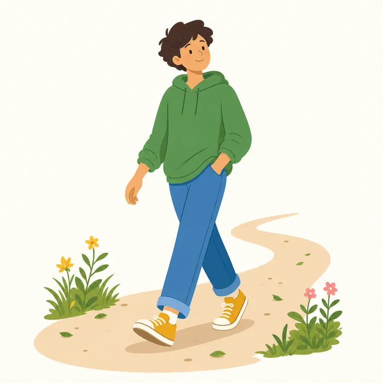 mosey（ぶらぶら歩く・動詞）の覚え方イラスト — mosey は walk より遅く、stroll よりもさらに「目的意識が薄く、だらっと進む」感じで覚えると残りやすいです