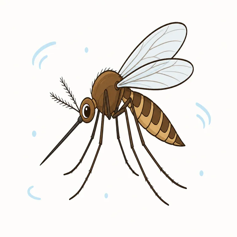 mosquito（蚊・名詞）の覚え方イラスト — mosquito は「夏の夜、耳元でブーンと来て、刺して blood を吸う虫」という場面で覚えると残りやすい