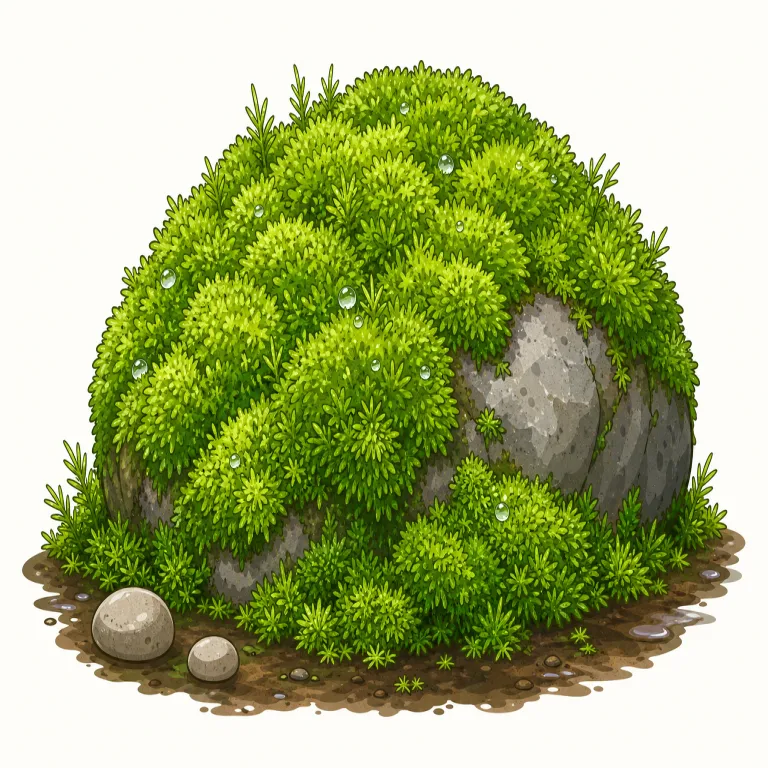 moss（苔・名詞）の覚え方イラスト — moss は、訳語だけで覚えるより、「森の中の湿った石や木に、やわらかい緑が薄く広がっている場面」で固定すると残りやすいです