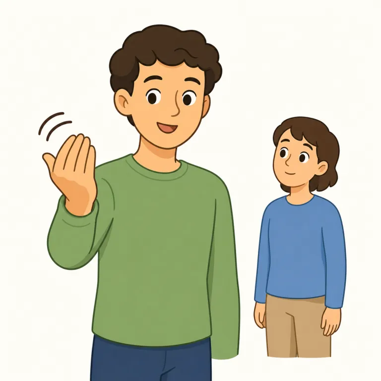 motioning（合図する・動詞）の覚え方イラスト — motioning は motion「動き」から、声ではなく手・腕・頭などの動きで相手に合図を送る動作として覚えます