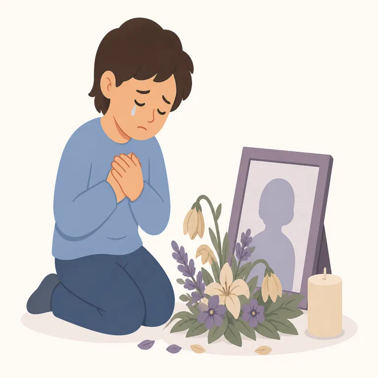 mourn（悼む・動詞）の覚え方イラスト
