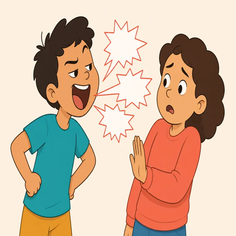 mouthy（口の悪い・形容詞）の覚え方イラスト — mouth が「口」だと分かれば、mouthy は「口が前に出る人」という感覚で覚えやすい
