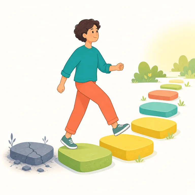 move on（先に進む・句動詞）の覚え方イラスト — まず基本の move「動く」を土台にし、on は「先へ・続けて」と捉えると、move on は「止まらず前へ進む」と自然にまとまります