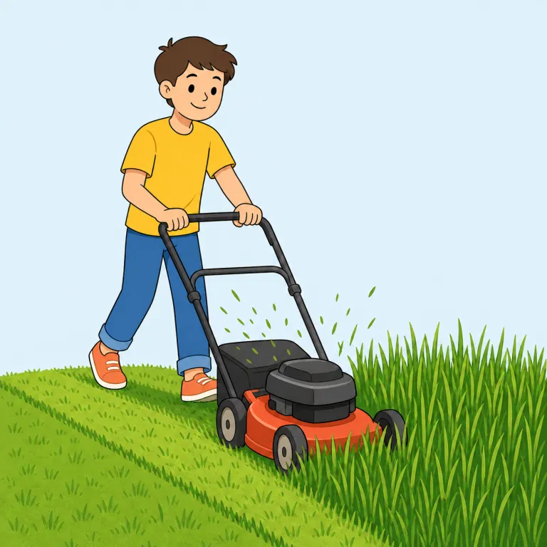 mow（刈る・動詞）の覚え方イラスト — mow は主に伸びた草を刈る動作で、mow the lawn（芝生を刈る）が最重要表現
