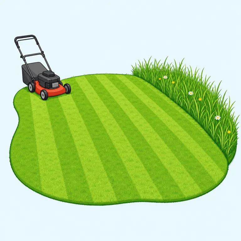 mown（刈られた・形容詞）の覚え方イラスト — mown は mow「草を刈る」の過去分詞で、草や穀物が道具や機械で「刈られた」状態を表します