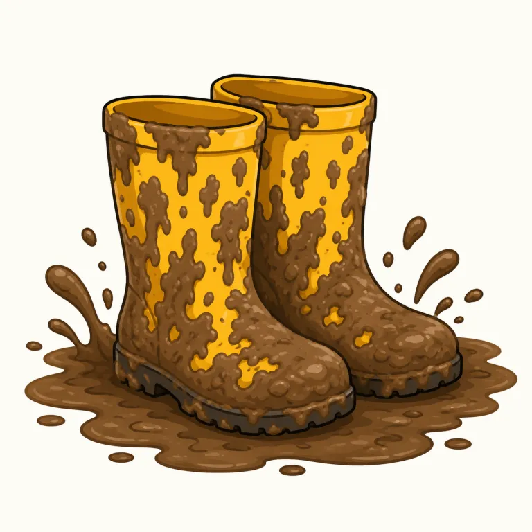 muddy（泥だらけの・形容詞）の覚え方イラスト — muddy は mud「泥」に -y「…でいっぱいの」が付いた形で、「泥だらけの」と覚えます