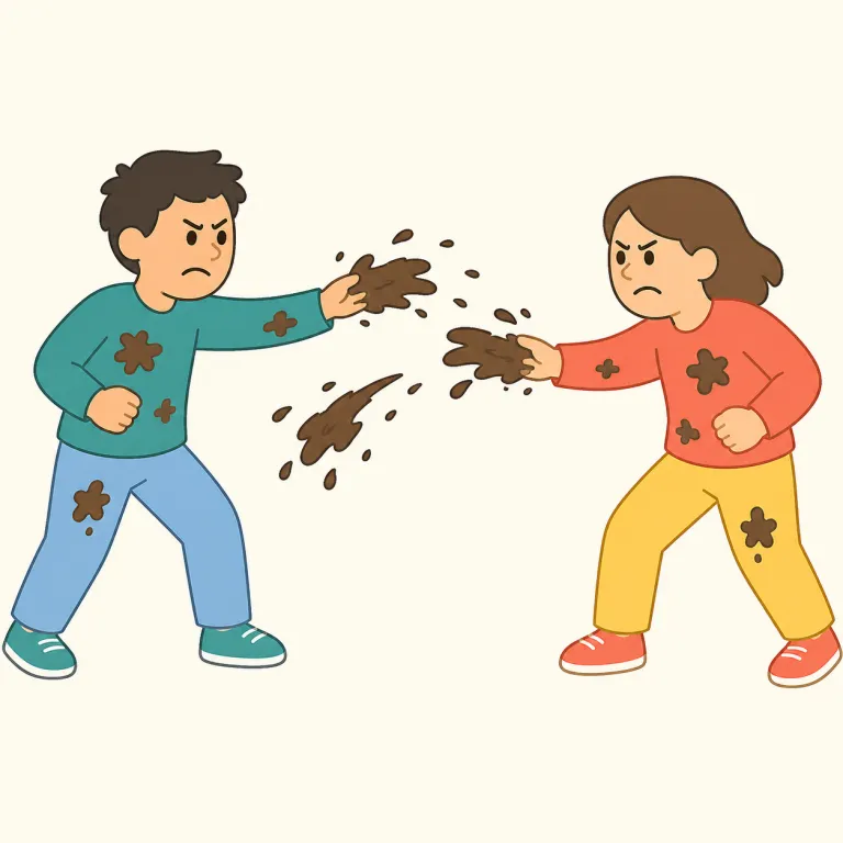 mudslinging（中傷・中傷合戦・名詞）の覚え方イラスト — mud と sling を見たら、泥を言葉で相手に投げつけて服を汚す場面を思い浮かべると残りやすい