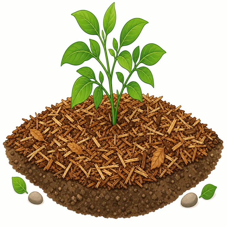 mulching（マルチング・名詞）の覚え方イラスト — このエントリの mulching は、園芸や農業で土の表面に資材を敷く「マルチング」という技法名として覚えます