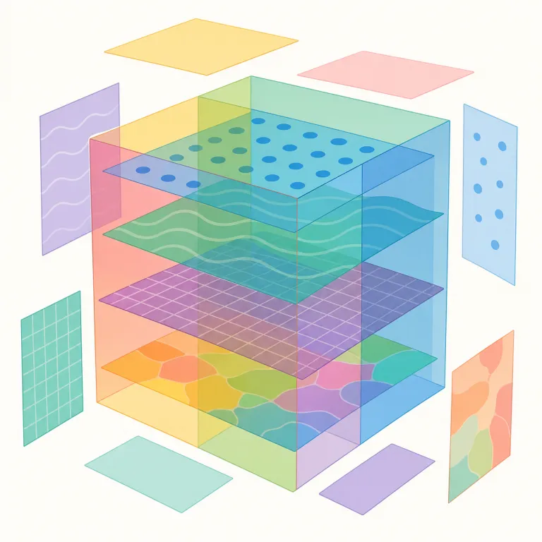 multidimensional（多次元・形容詞）の覚え方イラスト — まず multi- を見たら「複数の」、dimension を見たら「次元・尺度」と分けて読むと覚えやすいです