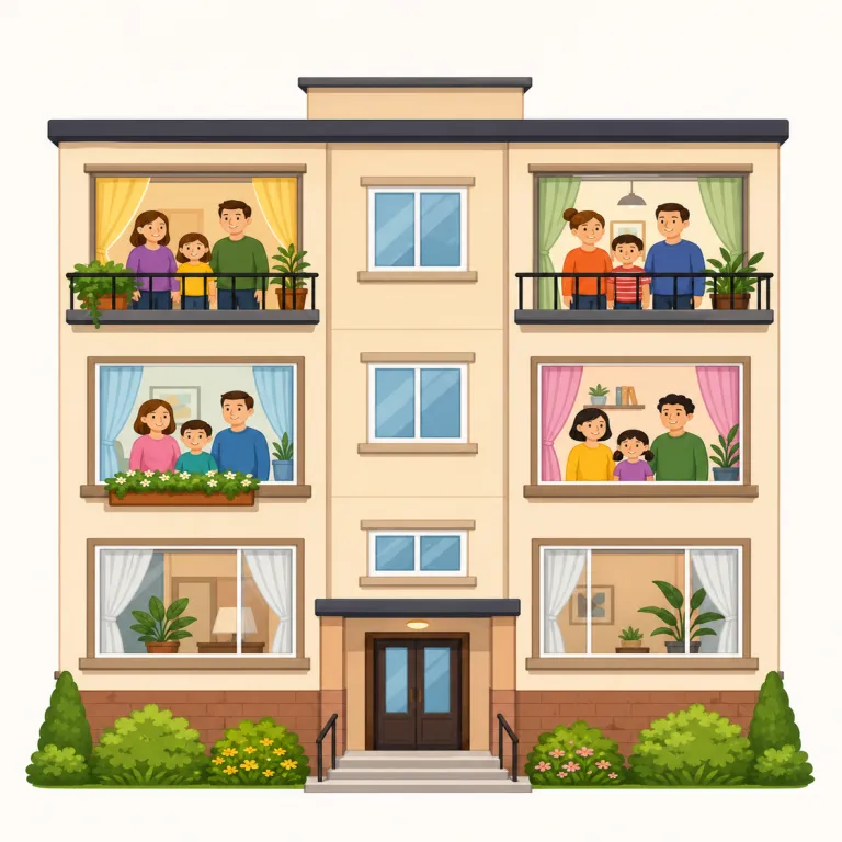 multifamily（多世帯用の・形容詞）の覚え方イラスト — multi- は many「多くの」、family は「家族・世帯」です
