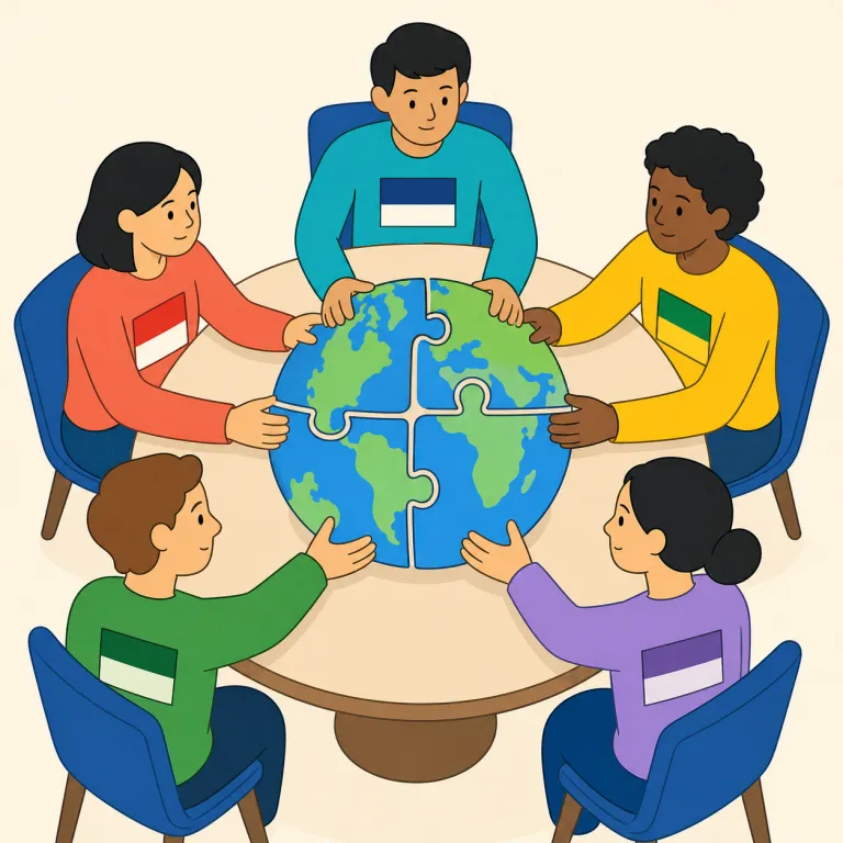 multilateral（多国間・形容詞）の覚え方イラスト — multi- は「複数の」、-lateral は bilateral（2国間の）や unilateral（一方的な）にも出る形で、「側・当事者」を表す語の仲間と覚えると定着…