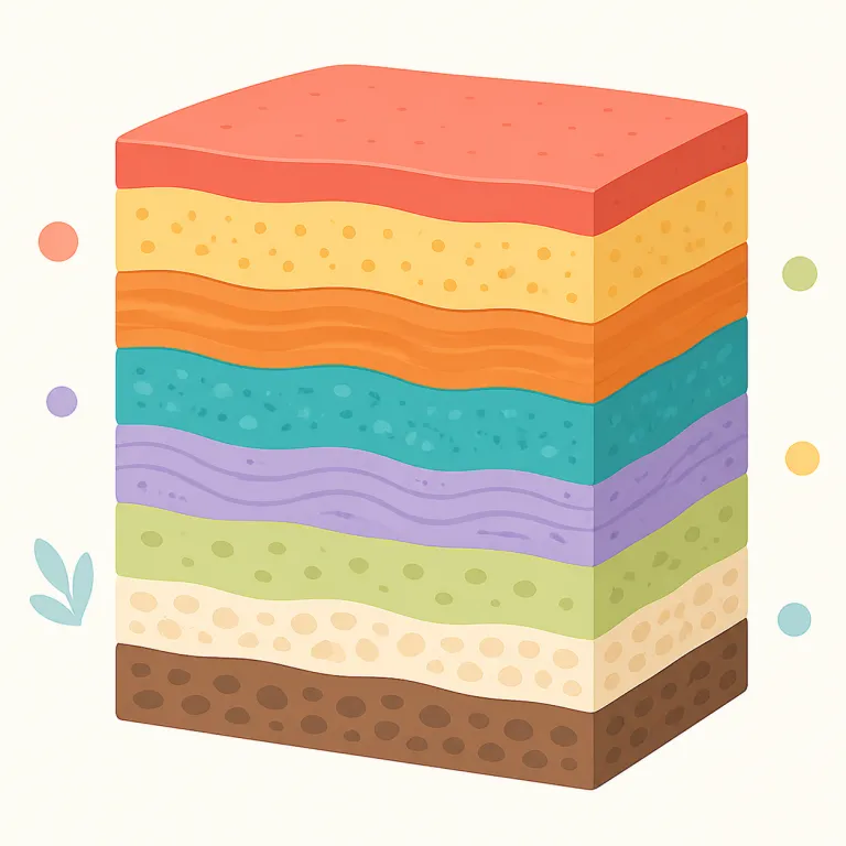 multilayer（多層・形容詞）の覚え方イラスト — multi- は multilingual, multicolor などで見慣れた「多くの」、layer はそのまま「層」