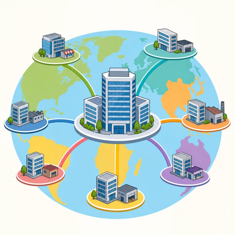 multinationals（多国籍企業・名詞）の覚え方イラスト — multi- は「多数の」、nation は「国」、national は「国家の」