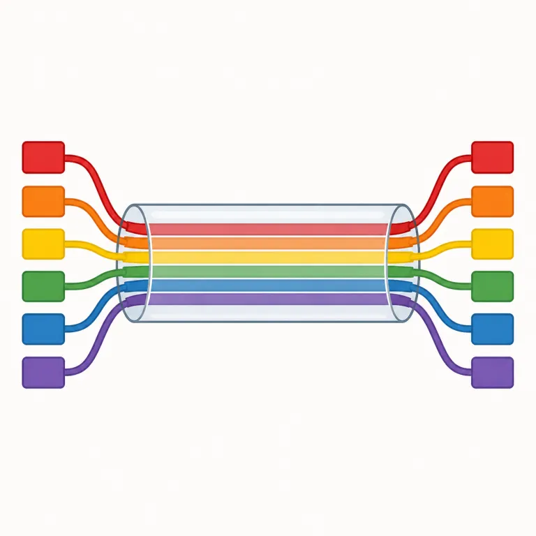 multiplexed（多重化された・形容詞）の覚え方イラスト — multi- は「多く」、-plex は duplex や complex と同じく「重ねて組み合わせる」感覚です