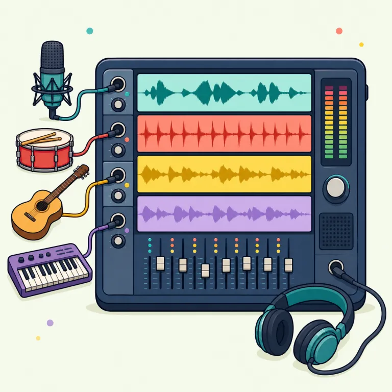 multitrack（複数トラックの・形容詞）の覚え方イラスト — multi は multiple「複数の」と同じく「多くの」を表す接頭辞、track は録音や編集画面で横に並ぶ1本のレーンを指します