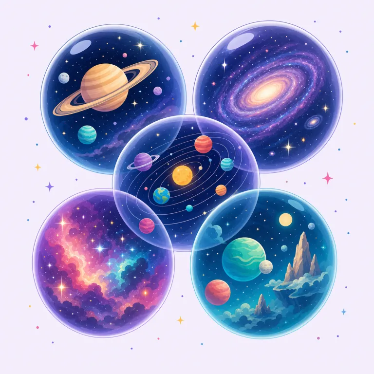 multiverse（多元宇宙・名詞）の覚え方イラスト — multi- が付いた語は「複数の」が基本