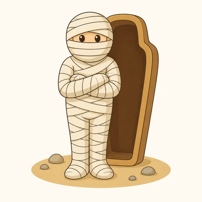 mummy（ミイラ・名詞）の覚え方イラスト — mummy の「ミイラ」は、単なる corpse「死体」ではなく、乾燥や防腐処理によって長く保存された遺体を指します