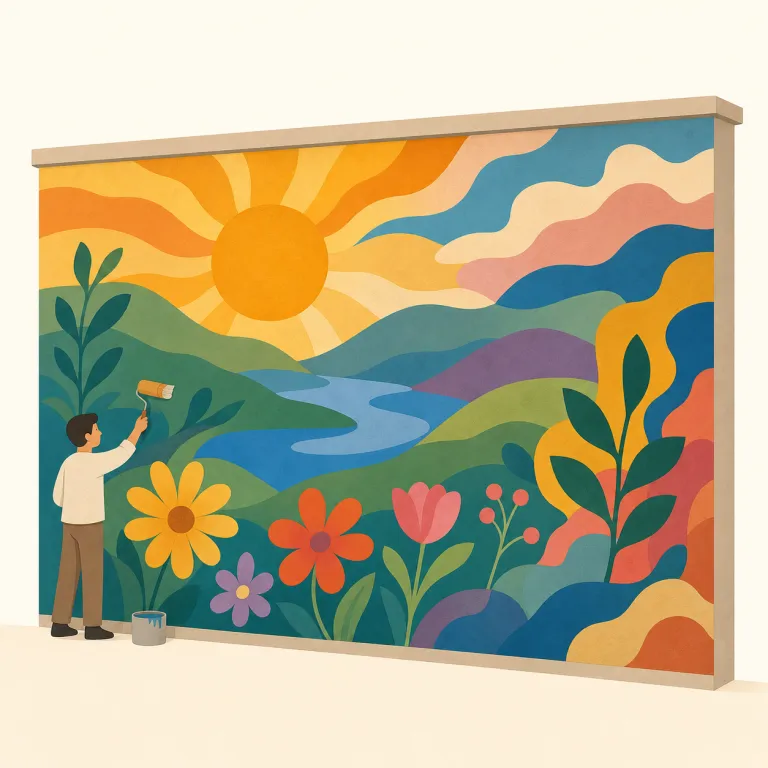 mural（壁画・名詞）の覚え方イラスト — mural は「壁がそのままキャンバスになった大きな絵」と考えると覚えやすい名詞です