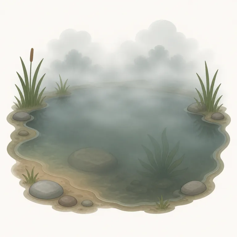 murky（濁った、不明瞭な・形容詞）の覚え方イラスト — dark よりも『ただ暗い』にとどまらず、水・空気・状況が濁って見通せない感じまで含む語