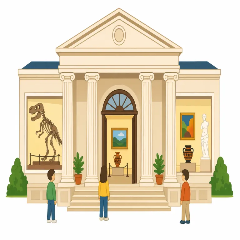 museum（博物館・名詞）の覚え方イラスト — この museum は「美術館」という基本義とは別に、標本・歴史資料・科学資料などを集めて保存し、一般に公開する「博物館」を指す用法です