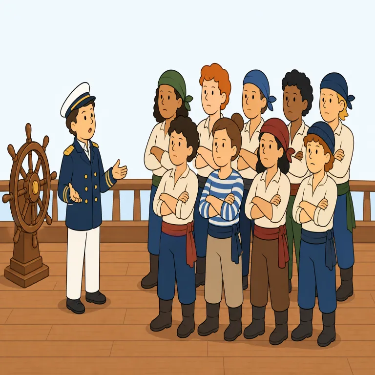 mutiny（反乱・名詞）の覚え方イラスト — mutiny は「ただの反乱」ではなく、船員・兵士など組織の下位にいる集団が上官の命令に背く場面で覚えると定着しやすいです