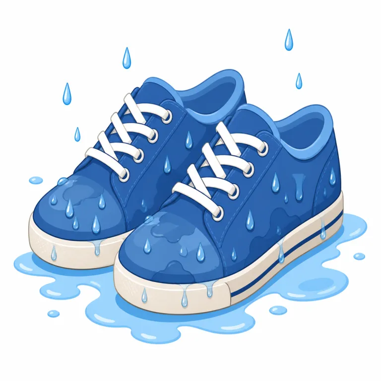 my shoes are wet（靴が濡れている）の覚え方イラスト — wet は dry の反対で、「濡れた状態」を表す最重要の基本語