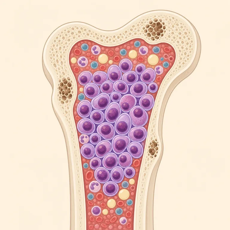myeloma（骨髄腫・名詞）の覚え方イラスト — 医学語では -oma が付くと tumor を表すことが多く、lymphoma・melanoma を知っていれば「何かの腫瘍」という箱に入れやすいです