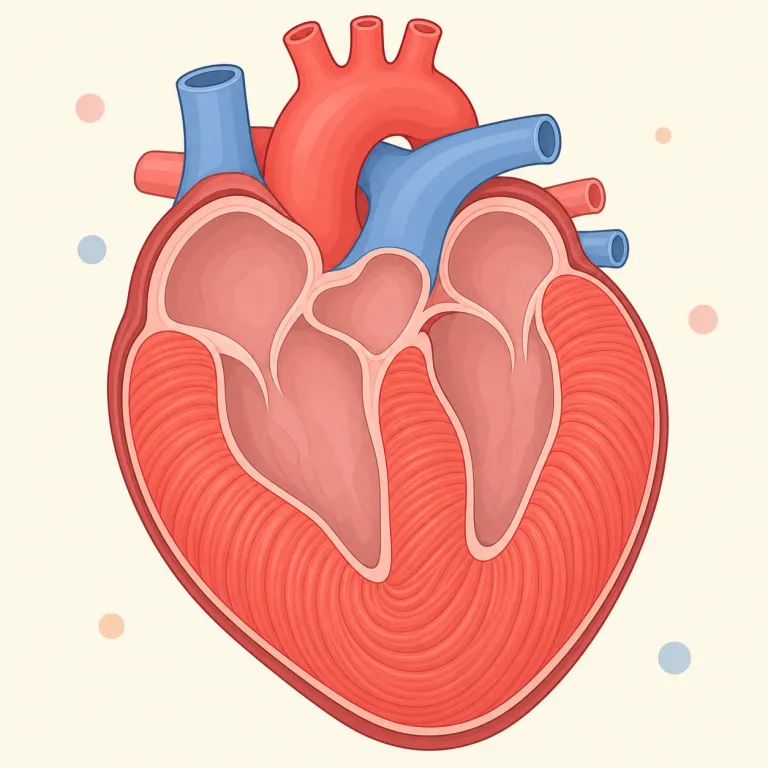 myocardial（心筋の・形容詞）の覚え方イラスト — cardiac を「心臓の」と知っていれば、myocardial はそこに myo- が付いて「心臓全体」ではなく「心臓の筋肉＝心筋」に話を絞る語だと覚えやすいです