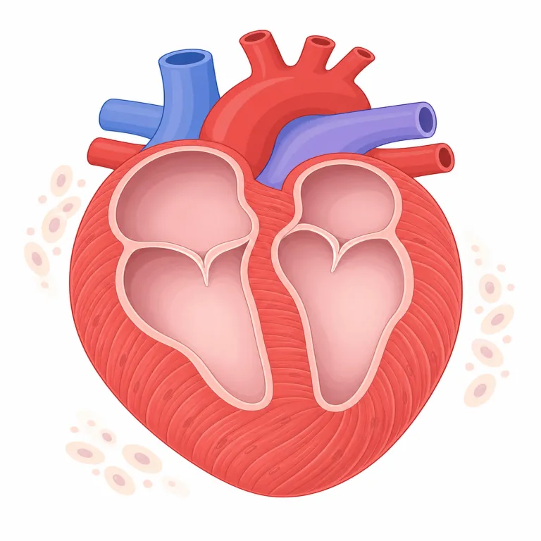 myocardium（心筋・名詞）の覚え方イラスト — myo- は muscle 系の語でよく出る「筋」、cardi- は cardiac / cardiology の「心臓」