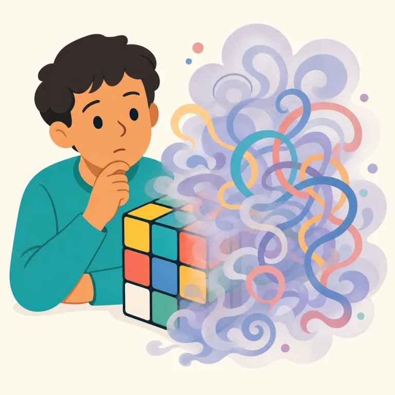 mystify（困惑させる・動詞）の覚え方イラスト — mystify は mystery「謎」と同じ myst- を含む動詞で、「人を謎の中に入れる」と考えると覚えやすい