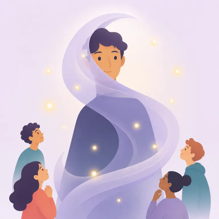 mystique（神秘的魅力・名詞）の覚え方イラスト — mystery「謎」や mystic「神秘的な」と同じ語族として、「謎があるからこそ人を引き付ける雰囲気」と覚えると定着しやすい