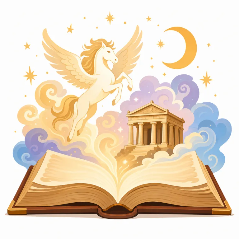 mythos（神話・名詞）の覚え方イラスト — myth を知っていれば、mythos はその“1話”ではなく、神々・英雄・世界観まで含む“神話世界全体”として覚えると残りやすいです