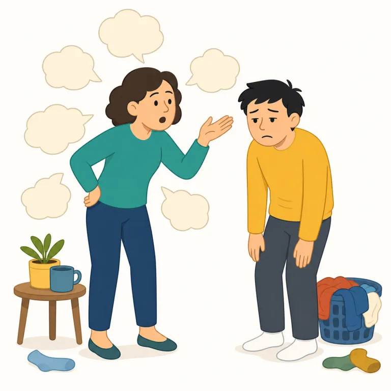 nag（しつこく小言を言う・動詞）の覚え方イラスト — 「何度も何度も言われて、もういやだ」と感じる場面を思い浮かべましょう