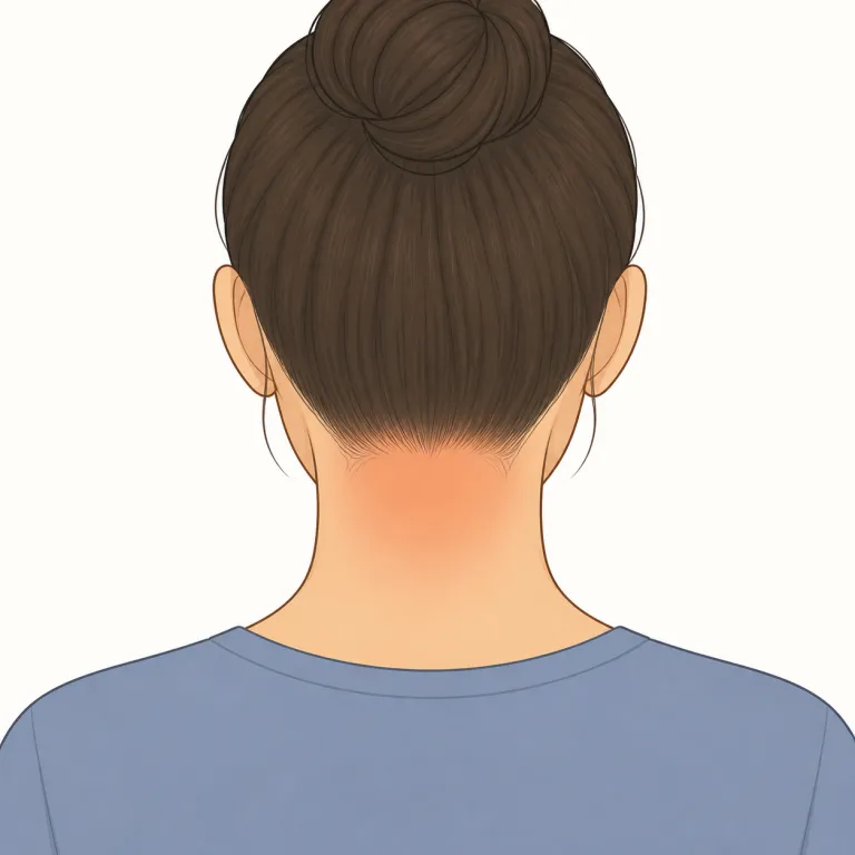 nape（うなじ・名詞）の覚え方イラスト — nape は neck の一部だが、首全体ではなく「後ろ側の上部」に限定される語だと押さえると覚えやすいです